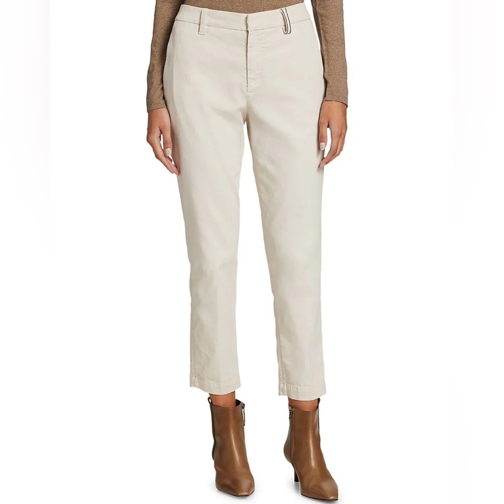 Brunello Cucinelli Warm White Monili Belt Loop Straight Ankle Trouser Pants
